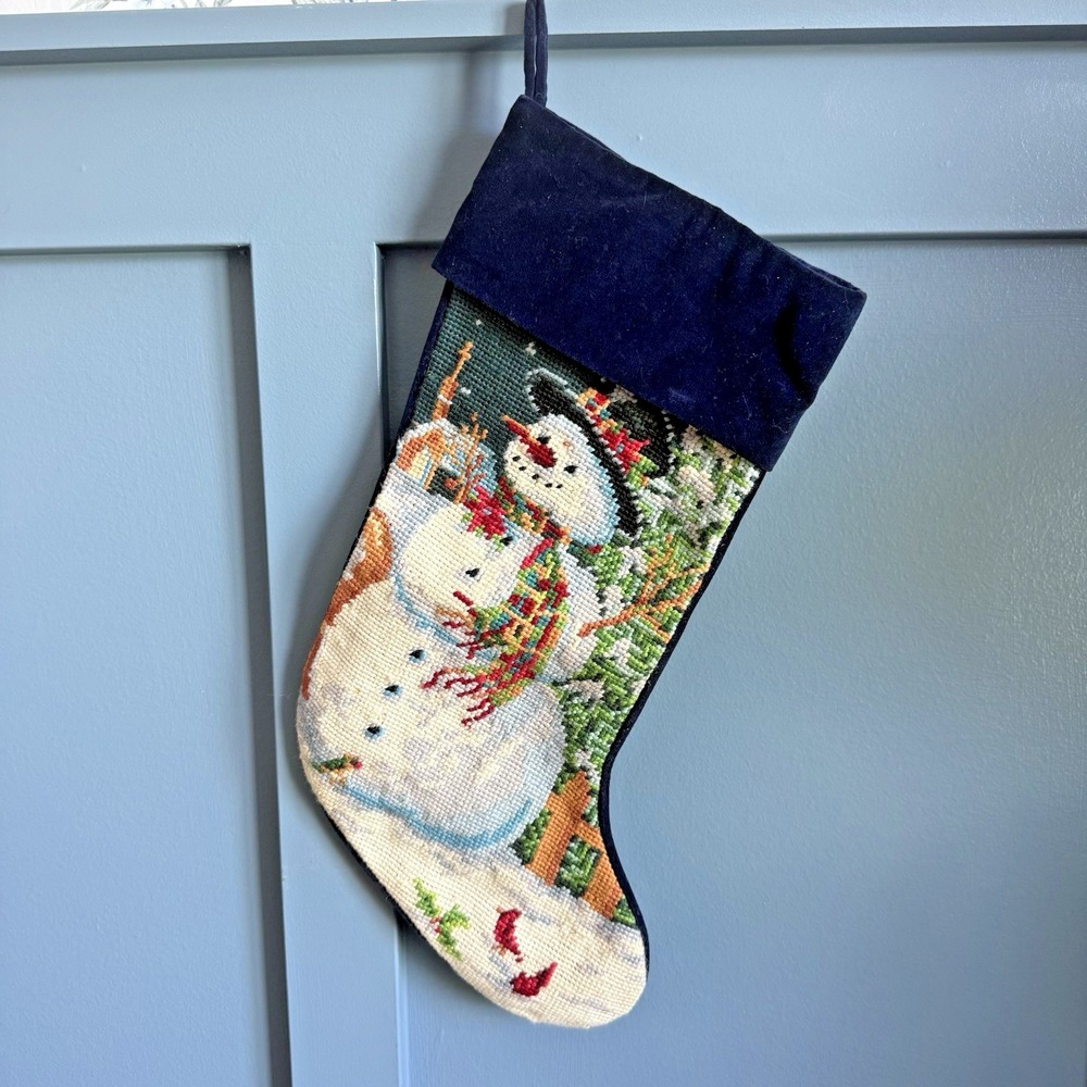 Vintage Needlepoint Christmas Stocking Snowman Cardinals Navy Velvet 17" F/W